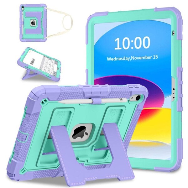 Catzon Tablet Case for iPad A16 11th / iPad 10th 10.9 Shockproof Case with Strap-PurpleGreen