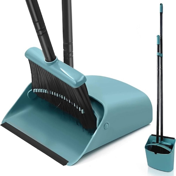 JEHONN Broom with Dustpan Combo Set, Long Handle Lightweight Indoor Broom, Upright Standing Dust Pan with Comb Teeth Store Sweep Set for Home Room Kitchen Office Lobby