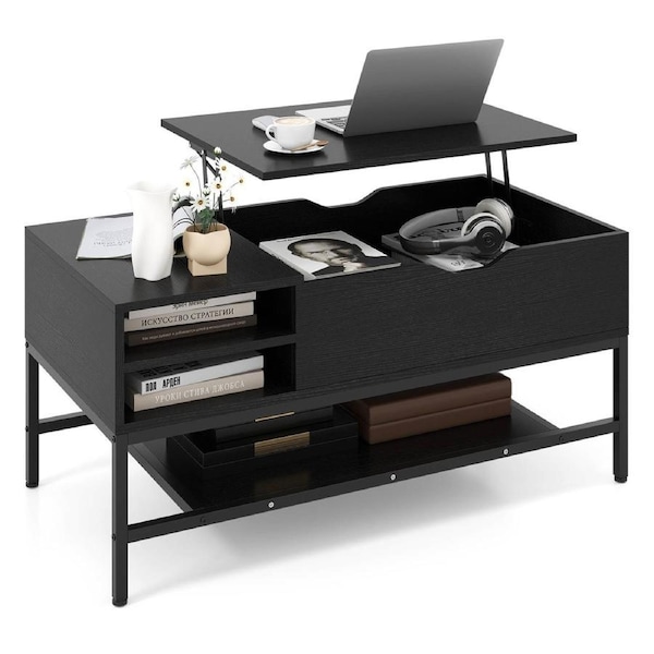 Giantex Modern Center Table Lift Top Coffee Table Side Storage Shelves Living Room Black