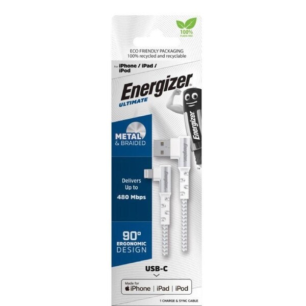 Energizer iPhone (Lightning) Cable 90 Degree Angled 2 Metre