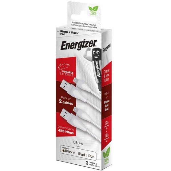 Energizer iPhone (Lightning) Cable Twin Pack White 1.2 Metre