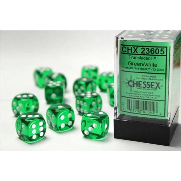 Dice - Chessex 16mm 12 D6 Translucent Green/White