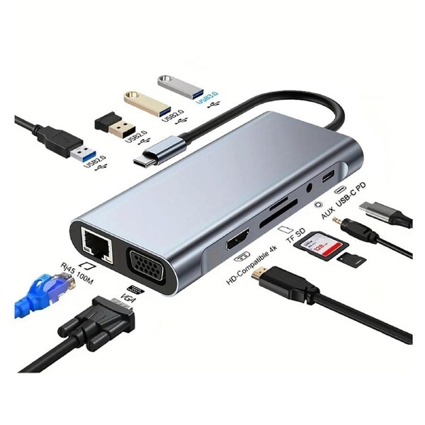 11-in-1 USB-C Docking Station for MacBook, Mac mini, NUC & Laptop — 4K HDMI, VGA, RJ45 Port, USB 3.0 + 3 USB 2.0, SD/microSD Card Reader, 100W PD