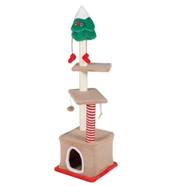 Costway Christmas Cat Tree 132cm Cat Tower Pet Condo 4 Sisal Scratching Post Scratcher Hanging Ball Climbing Furniture