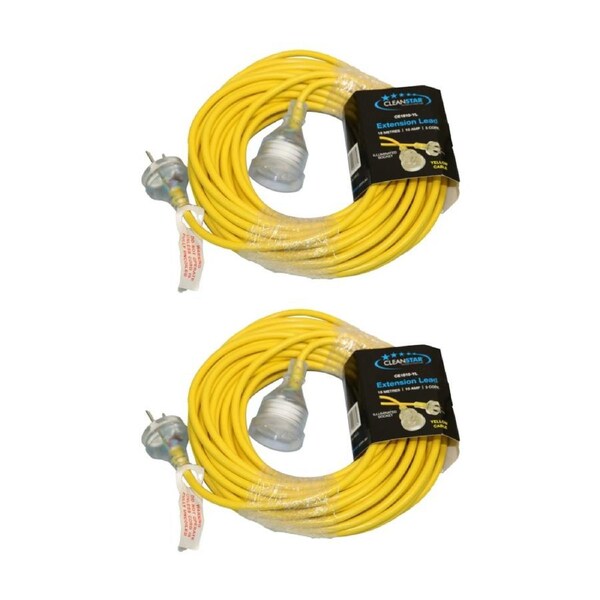 2PK Cleanstar 18m Extention Lead 10 Amp Plug With Yellow Illuminated Socket