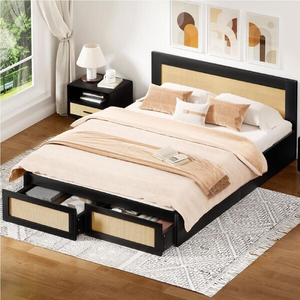 ALFORDSON Wooden Bed Frame King with Drawers Black