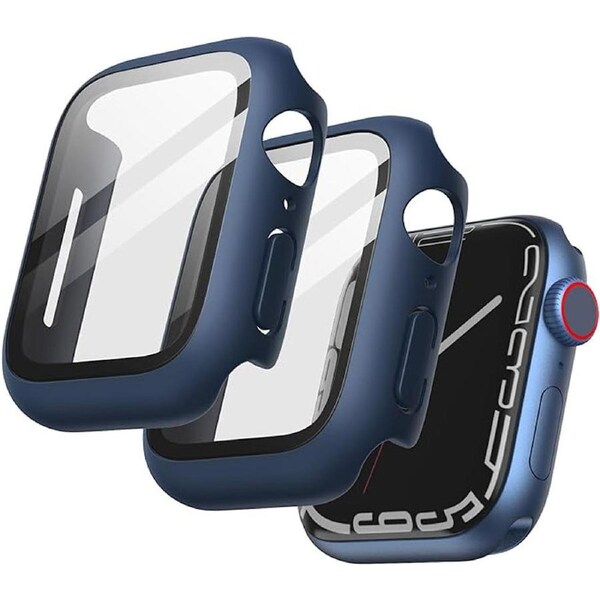 Case with Screen Protector for Apple Watch Series 9 8 7 45mm Built-in Tempered Glass 2 Pack Blue