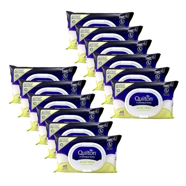 12x 40pc Quilton Flushable Wet Wipes Aloe Vera Fragrance Free 20x15cm