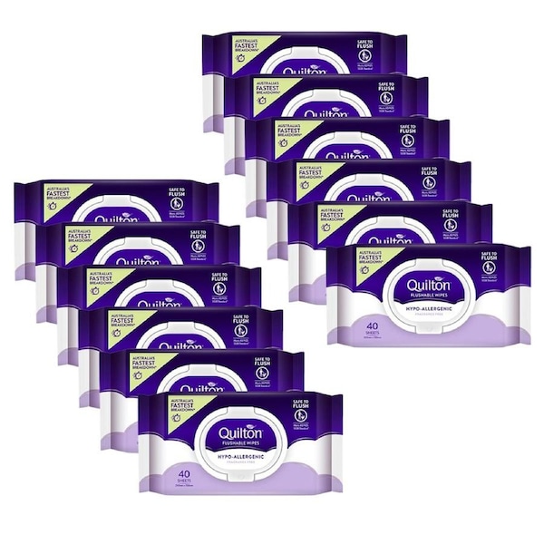 12x 40pc Quilton Flushable Wet Wipes Hypo-Allergenic Fragrance Free 20x15cm