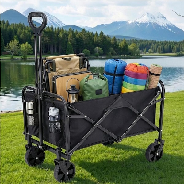 Gardeon Garden Cart Folding Trolley Camping Outdoor Beach Wagon Barrow Black