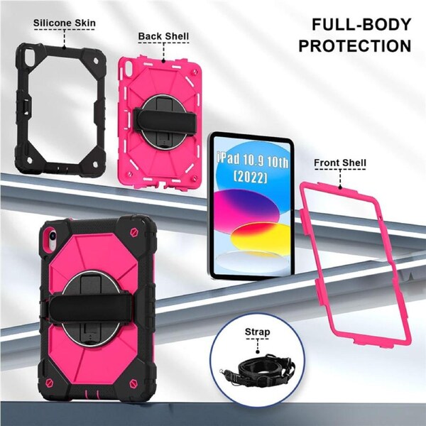 Catzon Tablet Case for iPad A16 11th / iPad 10th 10.9 Shockproof Case with Strap-BlackRosyRed