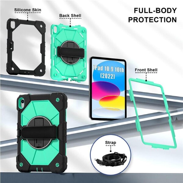 Catzon Tablet Case for iPad A16 11th / iPad 10th 10.9 Shockproof Case with Strap-BlackMintGreen