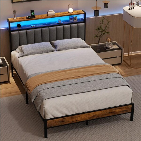 Advwin Double Bed Frames with RGB LED and Charging Station Metal Platform Bed Frame Rustic Brown