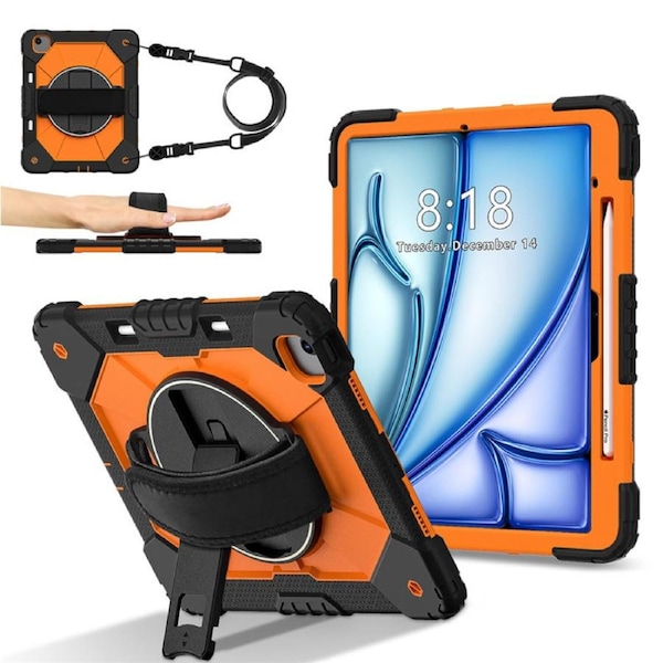 Catzon Tablet Case for iPad Air 13Inch M2 / M3 Shockproof Case with Strap-BlackOrange