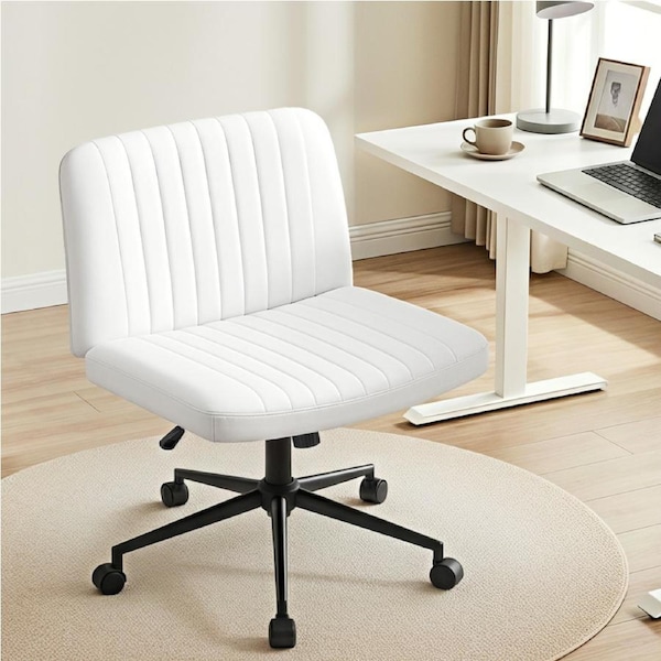 Artiss Criss Cross Legged Office Chair with Wheels PU Armless Swivel Vanity Chair White