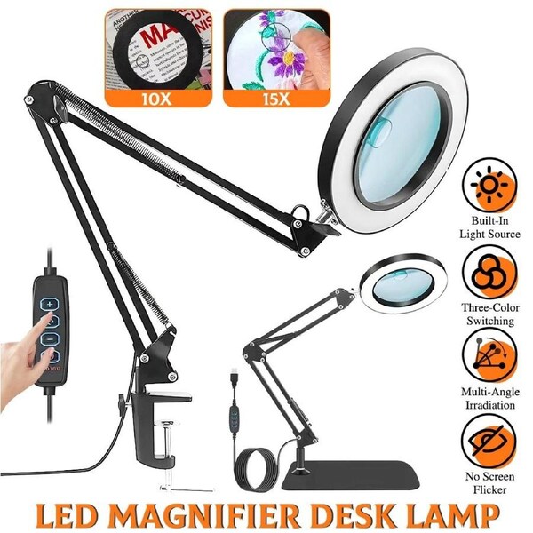 Magnifying Glass LED Light 15X 2 In 1 Magnifier Crafts Reading Desk Stand Lamp