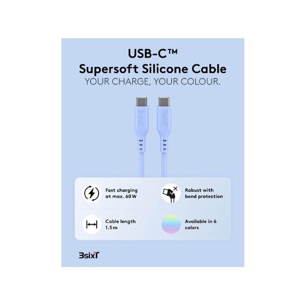 SPLASH by 3sixT USB-C to USB-C Cable 1.5m 60W - Baby Blue