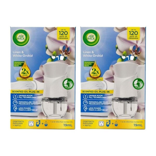 Air Wick Plug-In Diffuser + Refill Set Linen & White Orchid 19 mL – 2 Sets