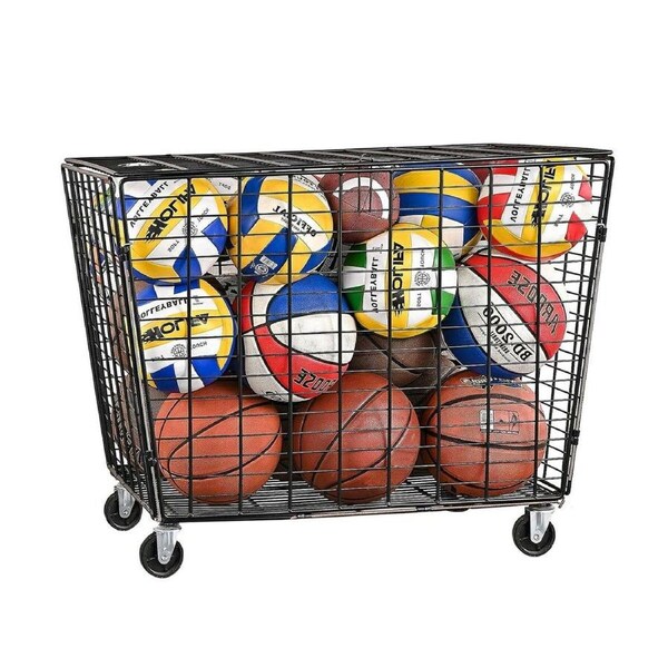 XL Lockable Sports Ball Storage Trolley Rolling Cart Organiser Cage Basket Mobile Unit with Wheels Metal Basket for Home Gym Garage Basketball Football