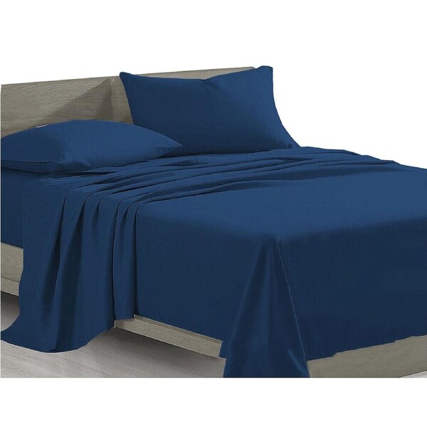Ultra Soft Bed Sheets Set Flat Fitted Sheet Egyptian Cotton Linen - Navy Blue Queen