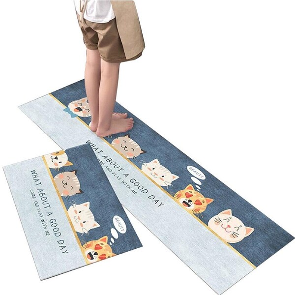 Kitchen Mat Set Comfort Heavy Duty Standing Rubber Back Non Slip Rugs Easy - Lovely Cat 45 x 180cm