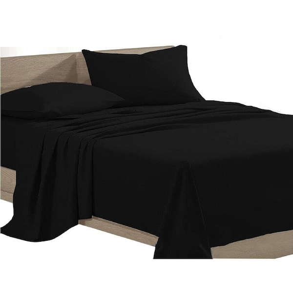 Ultra Soft Bed Sheets Set Flat Fitted Sheet Egyptian Cotton Linen - Black Single
