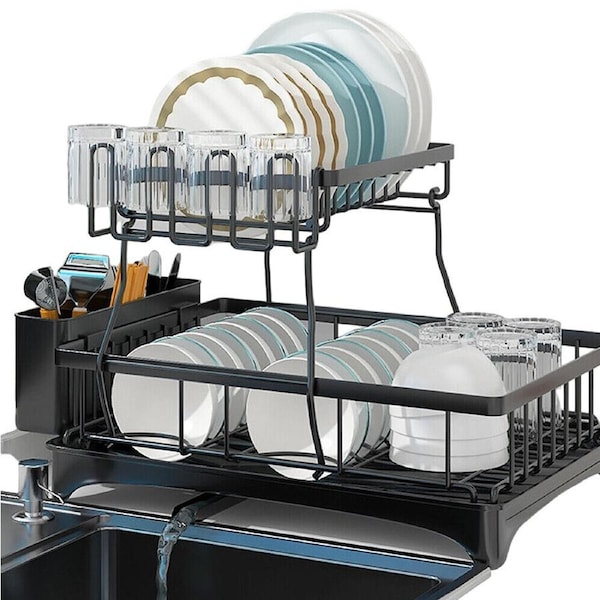 Dish Drying Rack Drainer Over Sink Kitchen Drying Rack with Cup Holder Two Tiers Black
