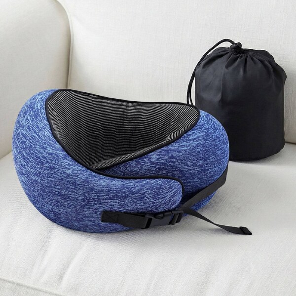Wanderlite Travel Pillows Memory Foam Neck Pillow for Airplane Portable with Bag, Blue