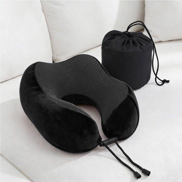 Wanderlite Travel Neck Pillow for Airplanes Memory Foam with Storage Bag, Black
