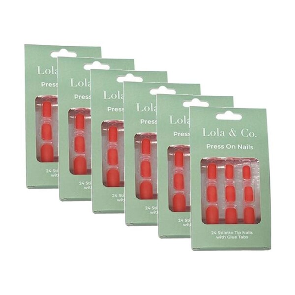 6x 24pc Lola & Co Round Stiletto Tip Press-On Nails W/ Glue Tabs Assorted