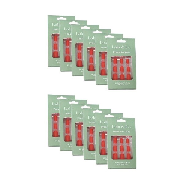 12x 24pc Lola & Co Round Stiletto Tip Press-On Nails W/ Glue Tabs Assorted