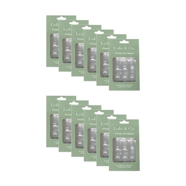 12x 24pc Lola & Co Plain Stiletto Tip Press-On Nails W/ Glue Tabs Clear/White