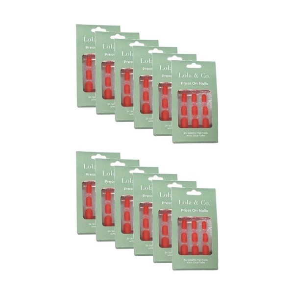 12x 24pc Lola & Co Square Stiletto Tip Press-On Nails W/ Glue Tabs Assorted