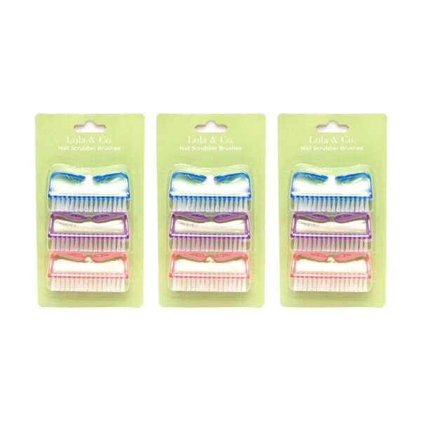 3x 3pc Lola & Co Nail Brush Scrubber Set W/ Handle Multi Colour