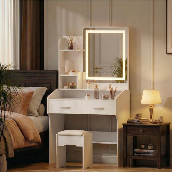 Artiss Dressing Table Stool Set Vanity Desk Makeup Mirror LED Light Drawers White Valentine Gifts
