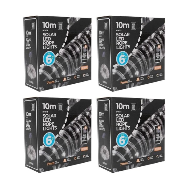 4PK Home Brite Outdoor LED Solar Rope String Lights 10 Metres White