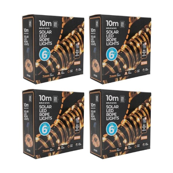 4PK Home Brite Outdoor LED Solar Rope String Lights 10 Metres Warm White