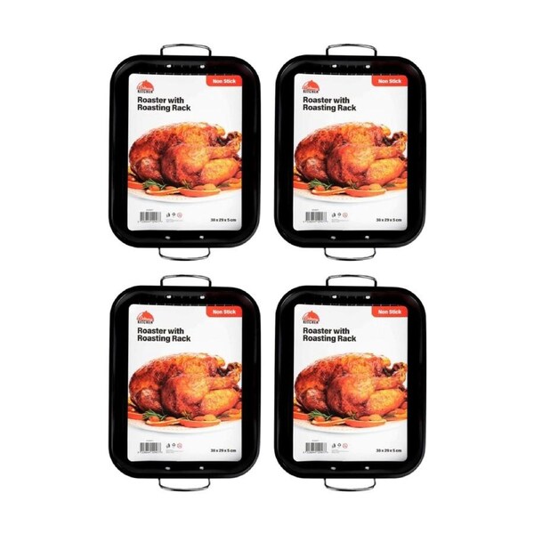 4PK Culinary Kitchen Non-Stick Roaster Baking Pan Tray W/ Roasting Rack 38x29cm