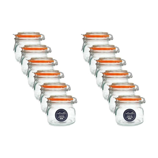 12PK Olivelle Glass Storage Jar W/ Rubber Seal & Airtight Clip Lid 500ml Clear