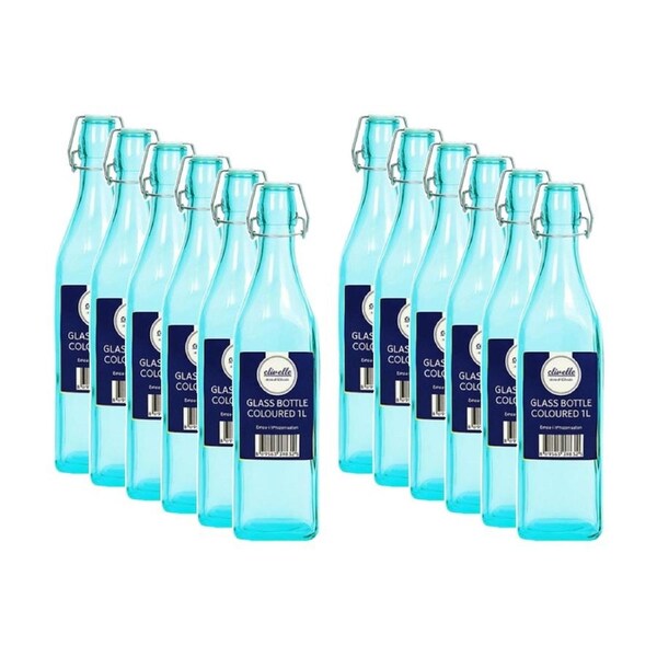 12PK Olivelle Coloured Airtight Swing-Top Lid Glass Bottle 1L Assorted