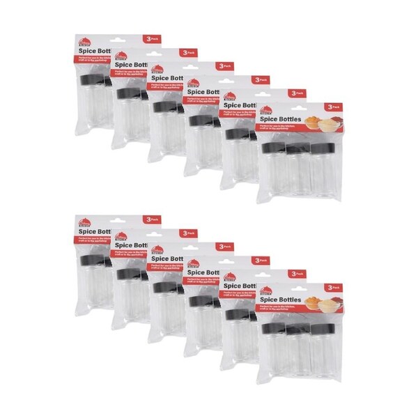12x 3pc Culinary Kitchen Plastic Spice Bottles W/ Screw-On Lids 9.5cm Clear