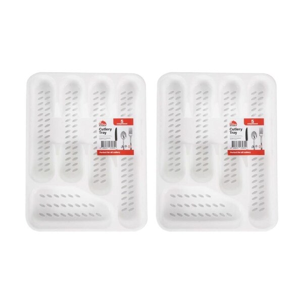 2PK Culinary Kitchen 5 Compartment Plastic Cutlery Storage Tray 25x33cm White