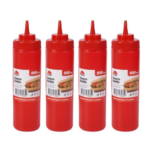 4PK Culinary Kitchen Plastic Squeeze Bottle Sauce Dispenser 850ml Red
