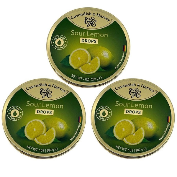 Cavendish & Harvey 3 x Sour Lemon Drops 200g Tin Sweets Candy Fruit Lollies