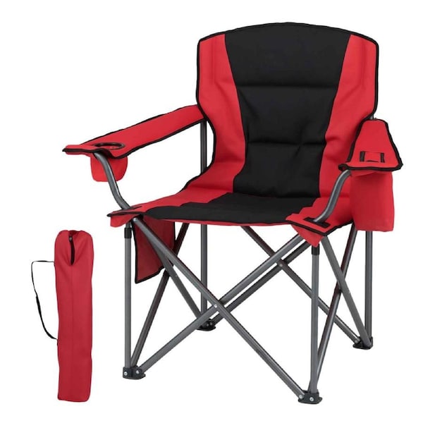 Costway Folding Camping Chair Portable Outdoor Padded Armchair Beach Fishing w/Zippered Cooler Pouch Side Storage Red