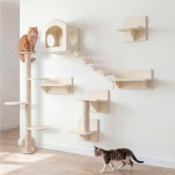 Advwin 5-in-1 Cat Wall Shelves Wooden Climbing Wall with Scratching Post