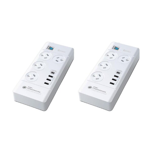 2PK Sansai 20W Four Socket Powerboard W/ 3 USB-A & 1 USB-C Outlets 1M Lead
