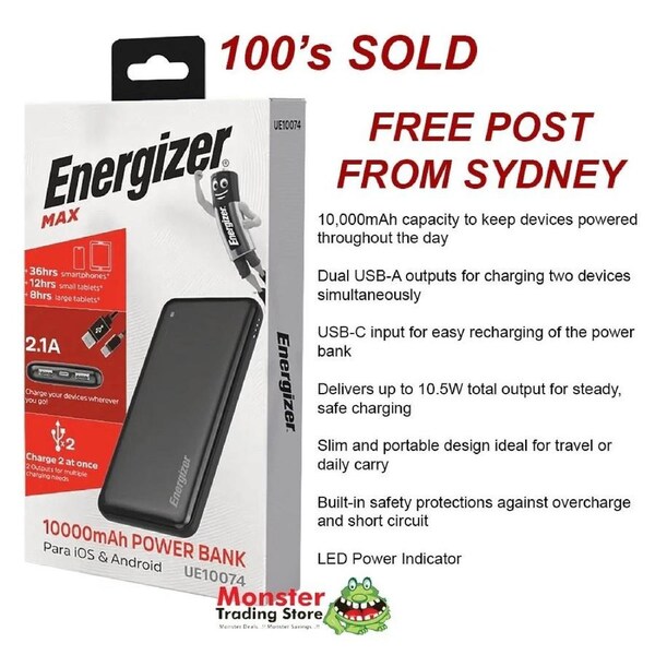 Energizer Slim Powerbank 10000mAh 10.5 W Model No: UE10074 For Apple IOS & Android