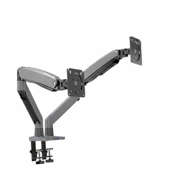 P&P Black Dual Screen Desktop Monitor Arm With Gas Spring Extension USB Ports And Full Motion Control