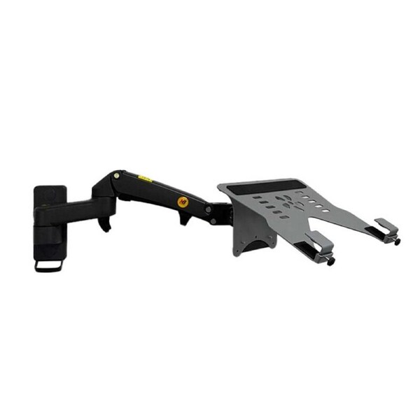 P&P Black Wall Mounted Laptop Arm With Floating Shelf Gas Spring Design For Ergonomic Space Saving Use